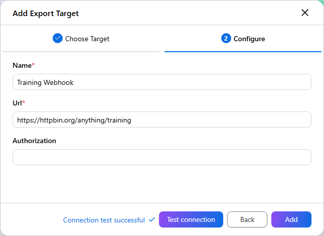 The Configure tab of the Add Export Target dialog with Name and Url filled in, an empty Authorization field and Connection test successful