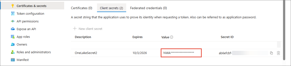 Certificates and secrets page of the app registration, Client secrets tab, with the secret Value highlighted