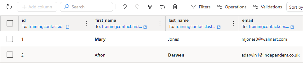 Data set in edit mode with two edited values, Mary and Darwen, shown in bold until the changes are saved