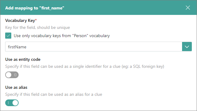 The Add mapping pane for first_name with the firstName vocabulary key selected and the Use as alias toggle turned on