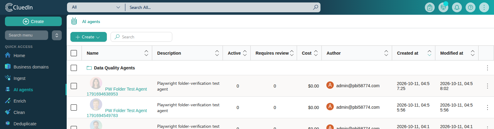 The AI agents list with the Data Quality Agents folder shown as a row above the AI agents in the root list
