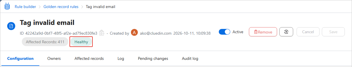 The rule header after reprocessing, showing 411 affected records and the Healthy status highlighted