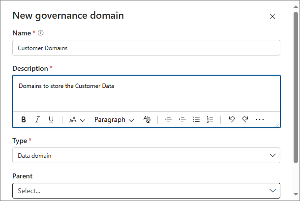 The New governance domain pane with Name Customer Domains, a Description, and Type set to Data domain