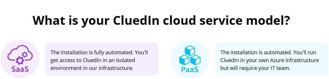 Comparison of CluedIn cloud service models: SaaS is fully automated in our infrastructure; PaaS runs in your own Azure infrastructure and needs your IT team