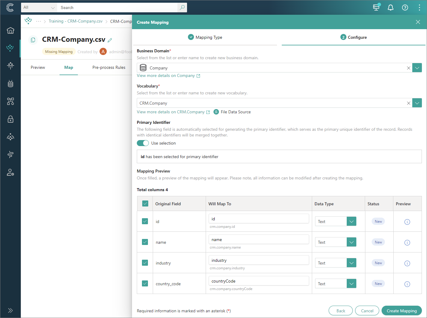 The Create Mapping Configure step, with Business Domain Company, Vocabulary CRM.Company, id as primary identifier, and a mapping preview of four columns